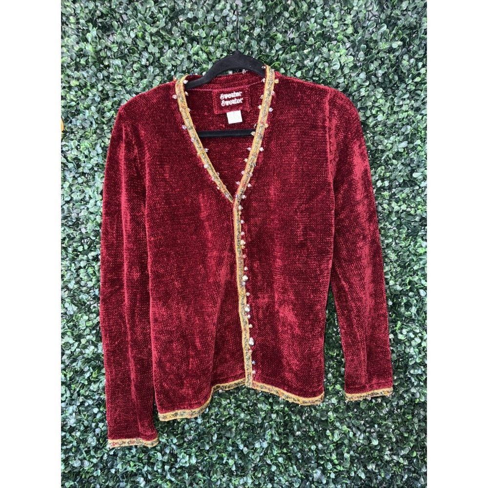 $229 J TWO NY SWEATER HOLIDAY CARTIGAN CHENILLE WINE BEADED BRAID Size m